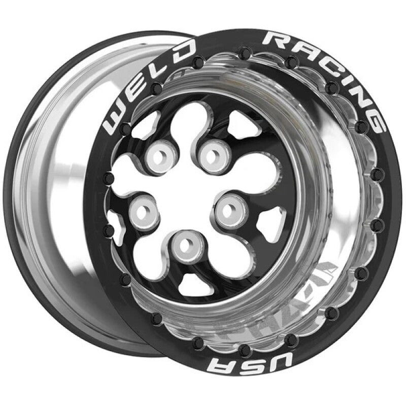 Weld Alpha-1 15X10 / 5X4.75 BP / 5in. BS Black Wheel - Black Center Black M/T Scallop Knurl Inner