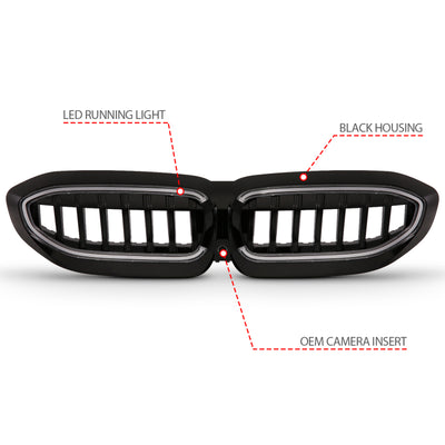 ANZO 19-22 BMW 3 Series Black Housing Full LED Front Grille w/ Initiation & Running Light