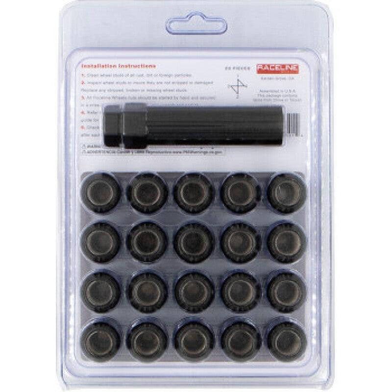Raceline Spline Lug Nut Kit with Spline Key 12 x 1.5 - 20 Pack - Black