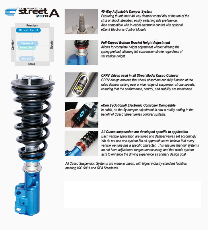 Cusco Street Zero-A Coilovers 2015+ Subaru WRX Full Threaded Shock F&R - Pillowball Upper Mount