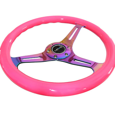 NRG Classic Wood Grain Steering Wheel (350mm) Neon Pink Painted Grip w/Neochrome 3-Spoke Center