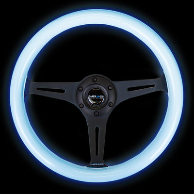 NRG Classic Wood Grain Steering Wheel (350mm) Glow-In-The-Dark Blue Grip w/Black 3-Spoke Center