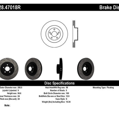 StopTech 02-10 WRX Drilled Right Front Rotor