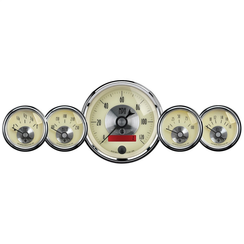 AutoMeter Gauge Kit 5 Pc. 3-3/8in. & 2-1/16in. Elec. Speedo W/Lcd Odo Prestige Antique. Ivory