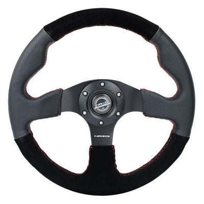 NRG Reinforced Steering Wheel (320mm/ 2.5in. Deep) Sport Leather / Suede w/ Red Stitch