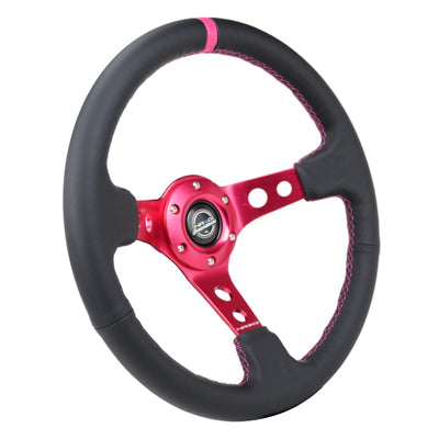 NRG Reinforced Steering Wheel (350mm/3in. Deep) Black Leather/ Fushia Center Mark/ Fushia Stitching
