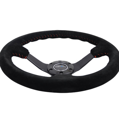 NRG Reinforced Steering Wheel (350mm / 3in. Deep) Blk Suede/Red BBall Stitch w/5mm Matte Blk Spokes