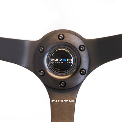 NRG Reinforced Steering Wheel (350mm / 3in. Deep) Blk Suede w/Blk BBall Stitch (Odi Bakchis Edition)