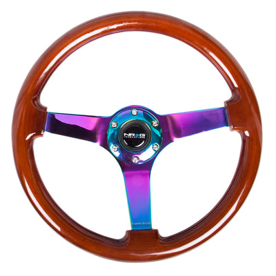 NRG Reinforced Steering Wheel (350mm / 3in. Deep) Classic Dark Wood w/4mm Neochrome Solid 3-Spoke