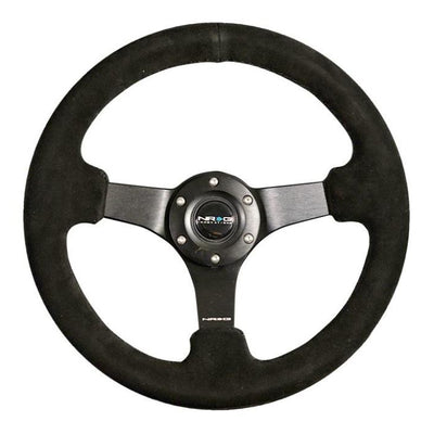 NRG Reinforced Steering Wheel (330mm / 3in Deep) Blk Suede w/Criss Cross Stitch w/Blk 3-Spoke Center