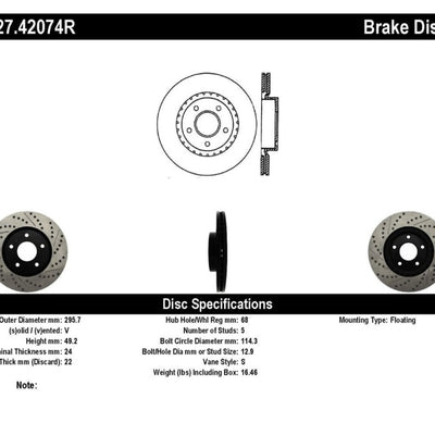StopTech 1/02-05 Infiniti G35 (alloy disc) / 6/02-05 Nissan 350Z Slotted & Drilled Right Front Rotor