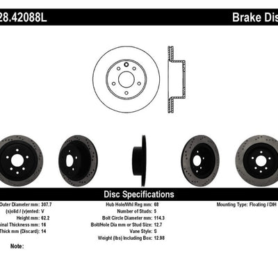 StopTech 08-09 Infiniti EX35 / 05-08 G35 / 09 G37 / 06-09 M35/M45 Drilled Left Rear Rotor