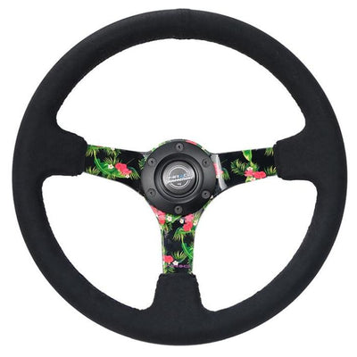 NRG Reinforced Steering Wheel (350mm / 3in. Deep) Black Suede w/ 5mm Floral 3-Spoke Center