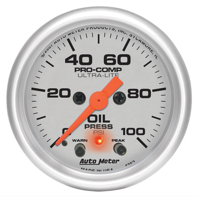 Autometer Ultra-Lite 52mm 0-100 PSI F/S Electronic Oil Pressure w/ Peak Memory & Warning Gauge