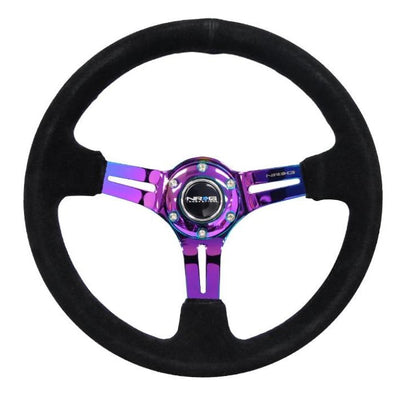 NRG Reinforced Steering Wheel (350mm / 3in. Deep) Blk Suede/Red Stitch w/Neochrome Slits