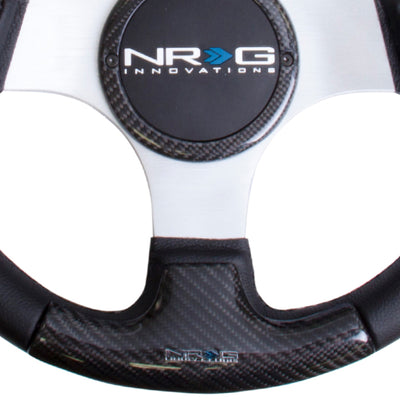 NRG Carbon Fiber Steering Wheel (350mm) Silver Frame Blk Stitching w/Rubber Cover Horn Button