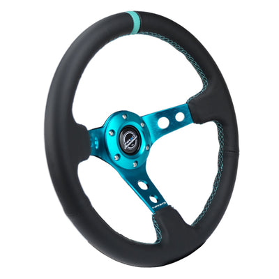 NRG Reinforce Steering Wheel (350mm / 3in. Deep) Blk Leather, Teal Center Mark w/ Teal Stitching