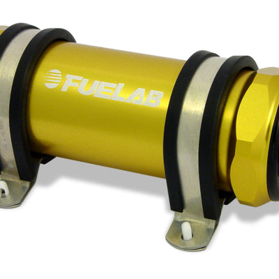 Fuelab 828 In-Line Fuel Filter Long -6AN In/Out 40 Micron Stainless - Gold