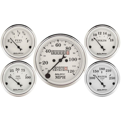 Auto Meter Speedometer 3-1/8in and 2-1/16in Mechanical 5-Piece Old Tyme White Gauge Kit
