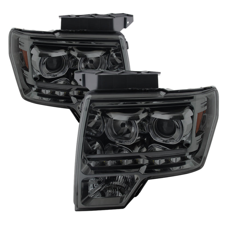 xTune Ford F150 09-14 Projector Headlights Halogen Model Only LED Halo Smoked PRO-JH-FF15009-CFB-SM