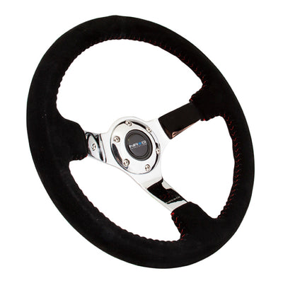 NRG Reinforced Steering Wheel (350mm / 3in. Deep) Blk Suede w/Red BBall Stitch & Chrome 3-Spoke