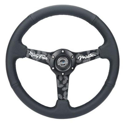 NRG Sport Steering Wheel (350mm/ 1.5in. Deep) Black Etched Spokes/ Black Leather w/ Black Stitch