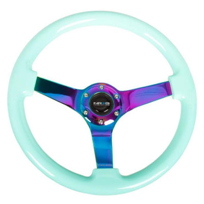 NRG Reinforc Steering Wheel (350mm / 3in. Deep) Minty Fresh Wood Grain w/Neochrome 3-Spoke Center