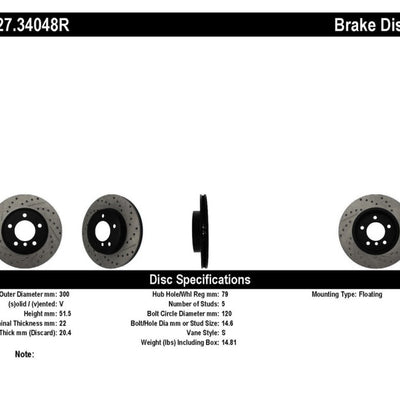 StopTech Power Slot 01-02 BMW Z3 / 03-09 Z4 / 3 Series Front Right Drilled & Slotted Rotor