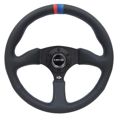 NRG Reinforced Steering Wheel (350mm / 2.5in Deep) Blk Leather w/M3 stitch Matte Blk 3-Spoke Center