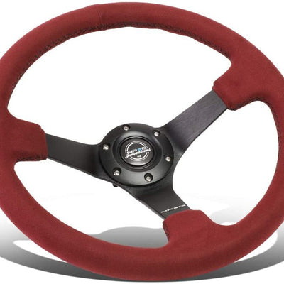 NRG Reinforced Steering Wheel (350mm/ 3in. Deep) Black Spoke/ Burgundy Alcantara w/ Black Stitch