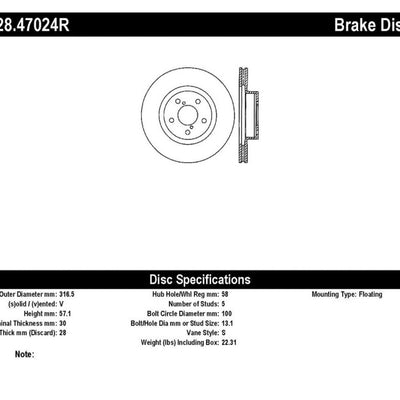 StopTech 05-10 Subaru Legacy / 10 Outback Drilled Right Front Rotor