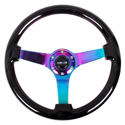 NRG Reinforced Steering Wheel (350mm / 3in Deep) Classic Blk Wood Grain w/Neochrome 3-Spoke Center
